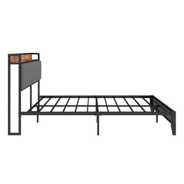 Queen Size Bed Frame With Charging Station & Upholstered Headboard